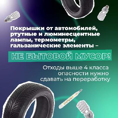 Покрышки от автомобилей, ртутные и люминисцентные лампы, термометры, гальванические элементы - не бытовой мусор. Отходы выше 4 класса опасности  нужно сдавать на переработку